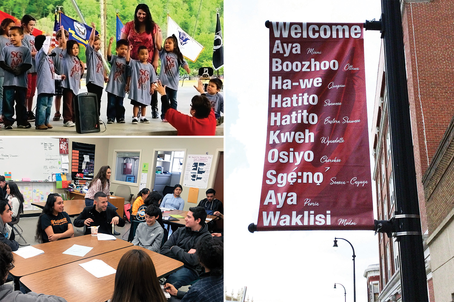 Top left: A group of elementary-school Cherokee children stand onstage at the New Kituwah Academy, Cherokee in North Carolina. Several of them raise their right hand. They wear matching T-shirts with words in the Tsalagi language on the front. Bottom left: High school students sit at tables in their classroom conducting linguistics research. Their teacher and linguist Jonathan Rosa sit among them. The students have brown skin and black hair. Right: A large vertical banner hangs from a street post on Main St