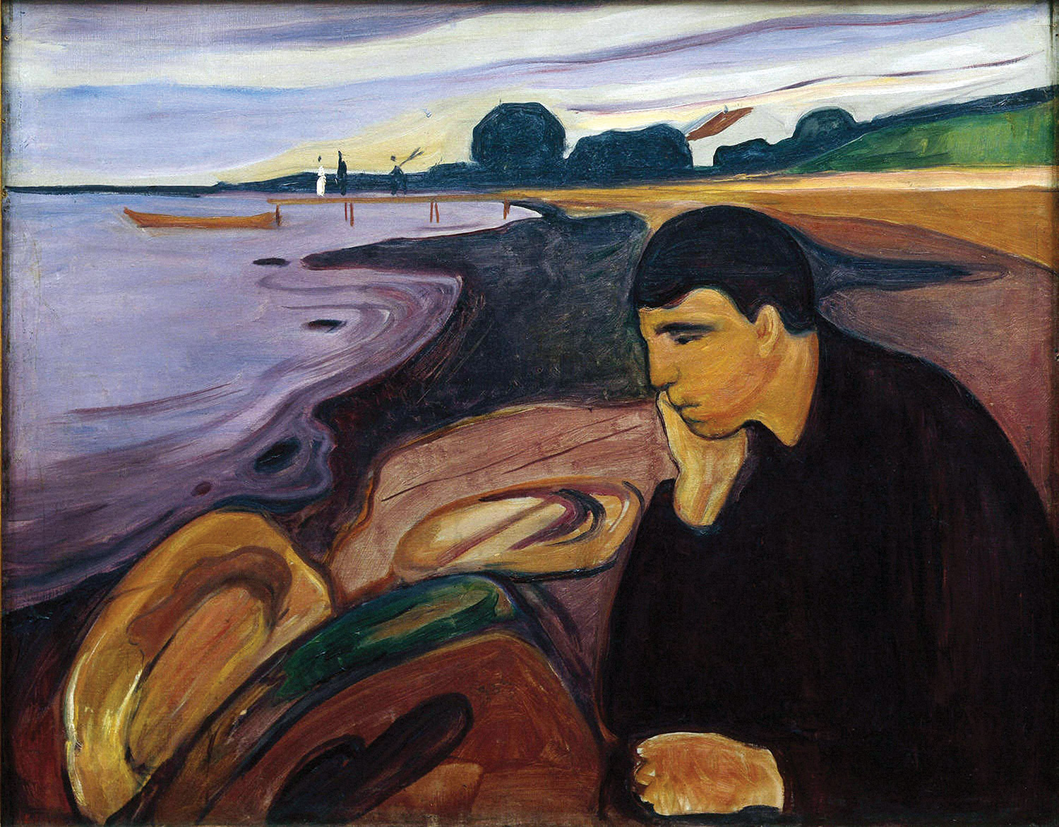 A detail from Edward Munch’s painting Melancholia. A person sitting on a beach. Curvy blobs of purple, blue, black, and beige mix together to serve as the water meeting the land and sky, as well as nebulous shapes surrounding the person and filling the canvas. They stare down at the water.