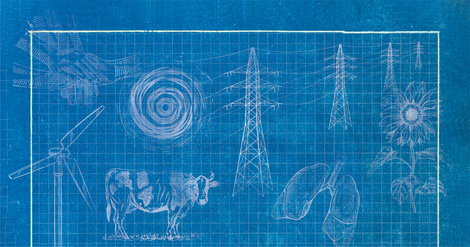 Chalk icons on a blueprint background representing various methods to counter the effects of climate change, such as wind turbines, meteorological imaging, and telecommunications towers.