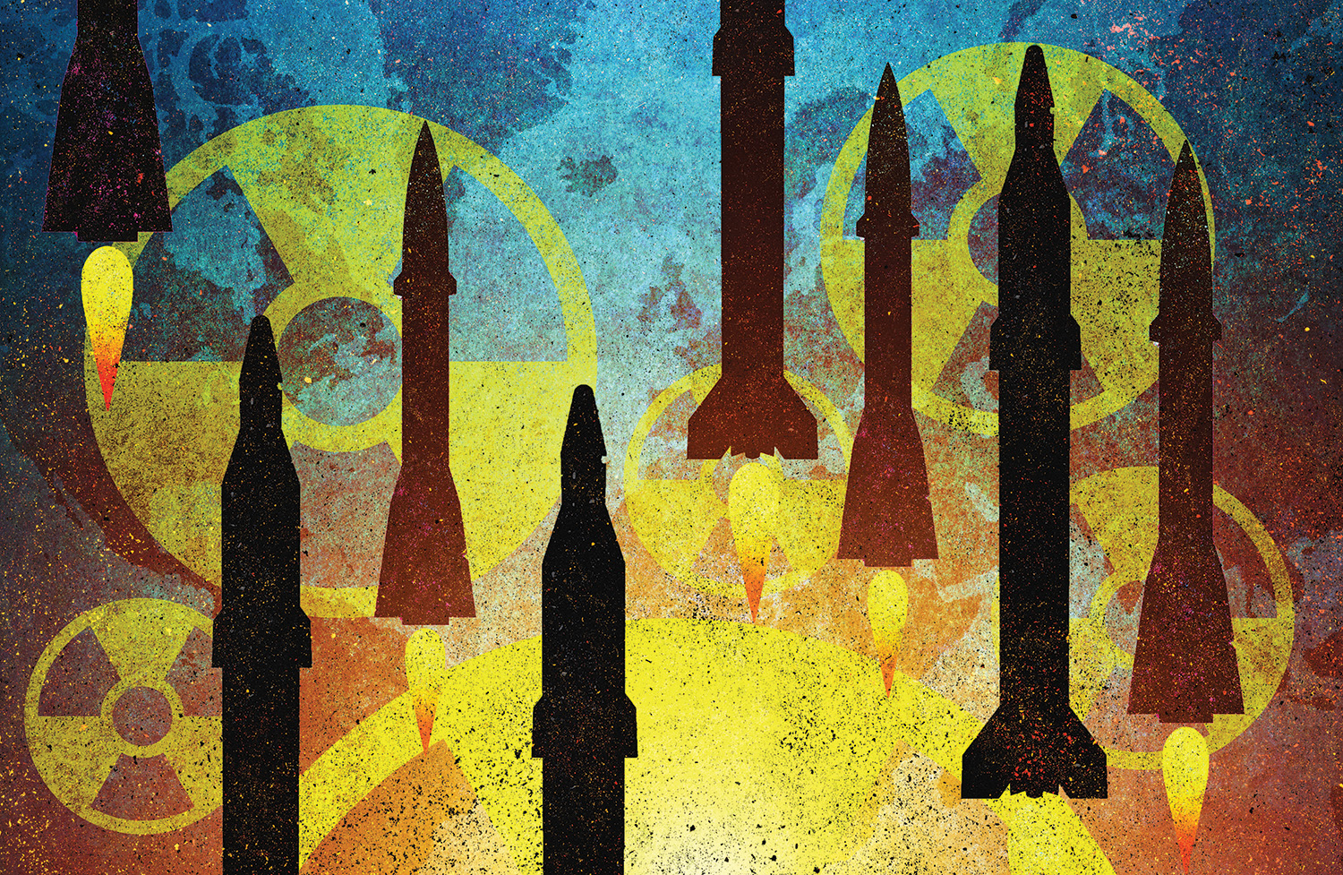 A digital illustration of missiles flaring upward superimposed over radioactivity symbols. 