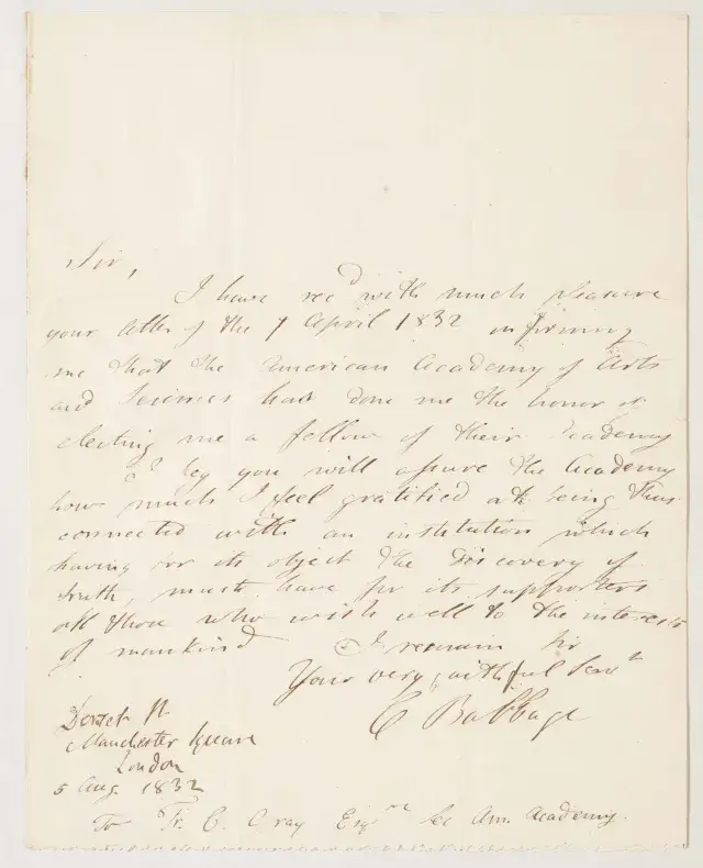 Acceptance letter from Charles Babbage, 1832