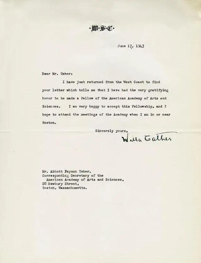 Willa Cather Letter of Acceptance 1943