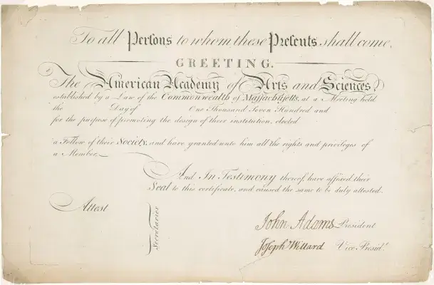 Academy Membership Certificate, signed by John Adams