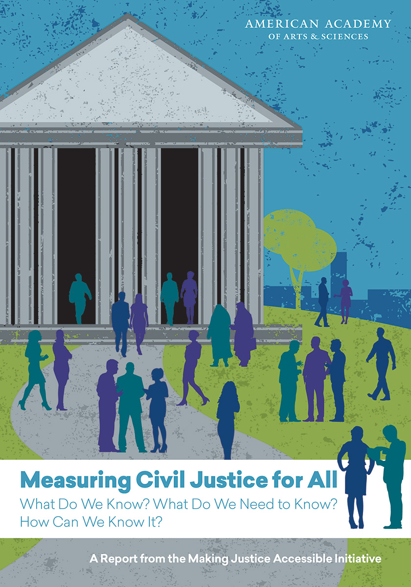 Image of the cover of Measuring Civil Justice for All with various people standing outside of a courthouse.