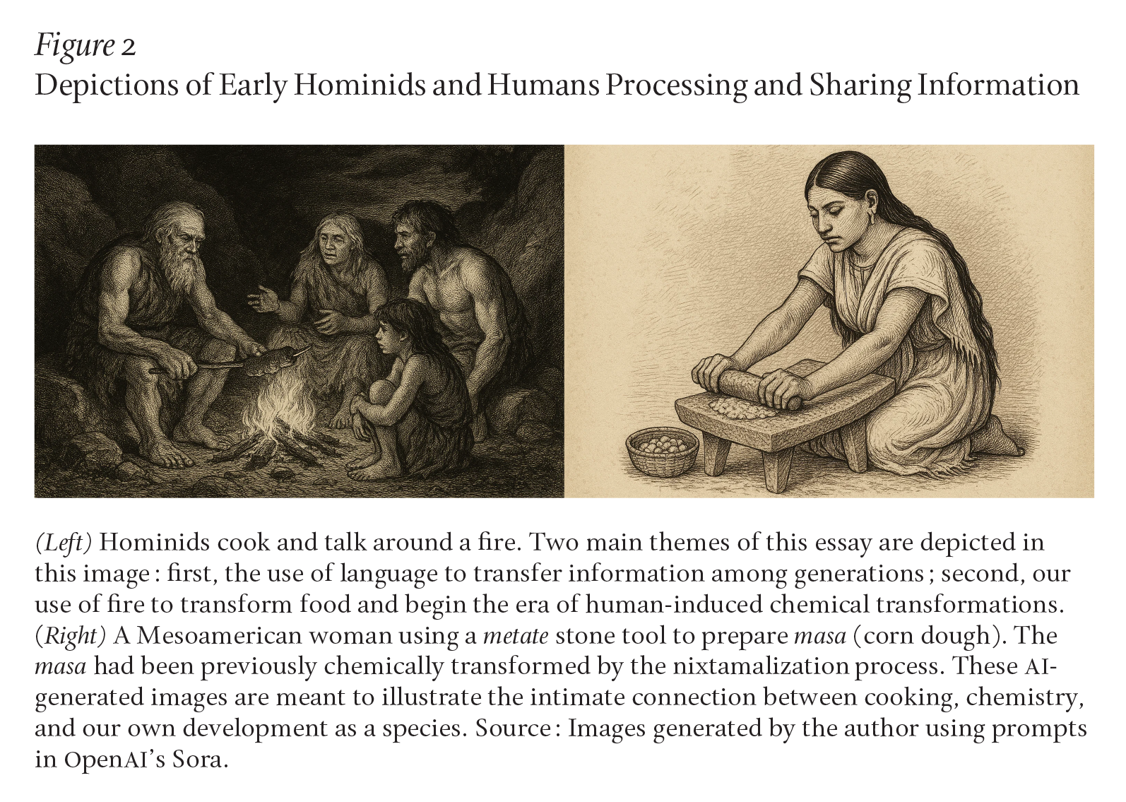 Child, adult, and senior humans sit around a small fire. One senior cooks a piece of food over the fire while another senior gestures while talking.
