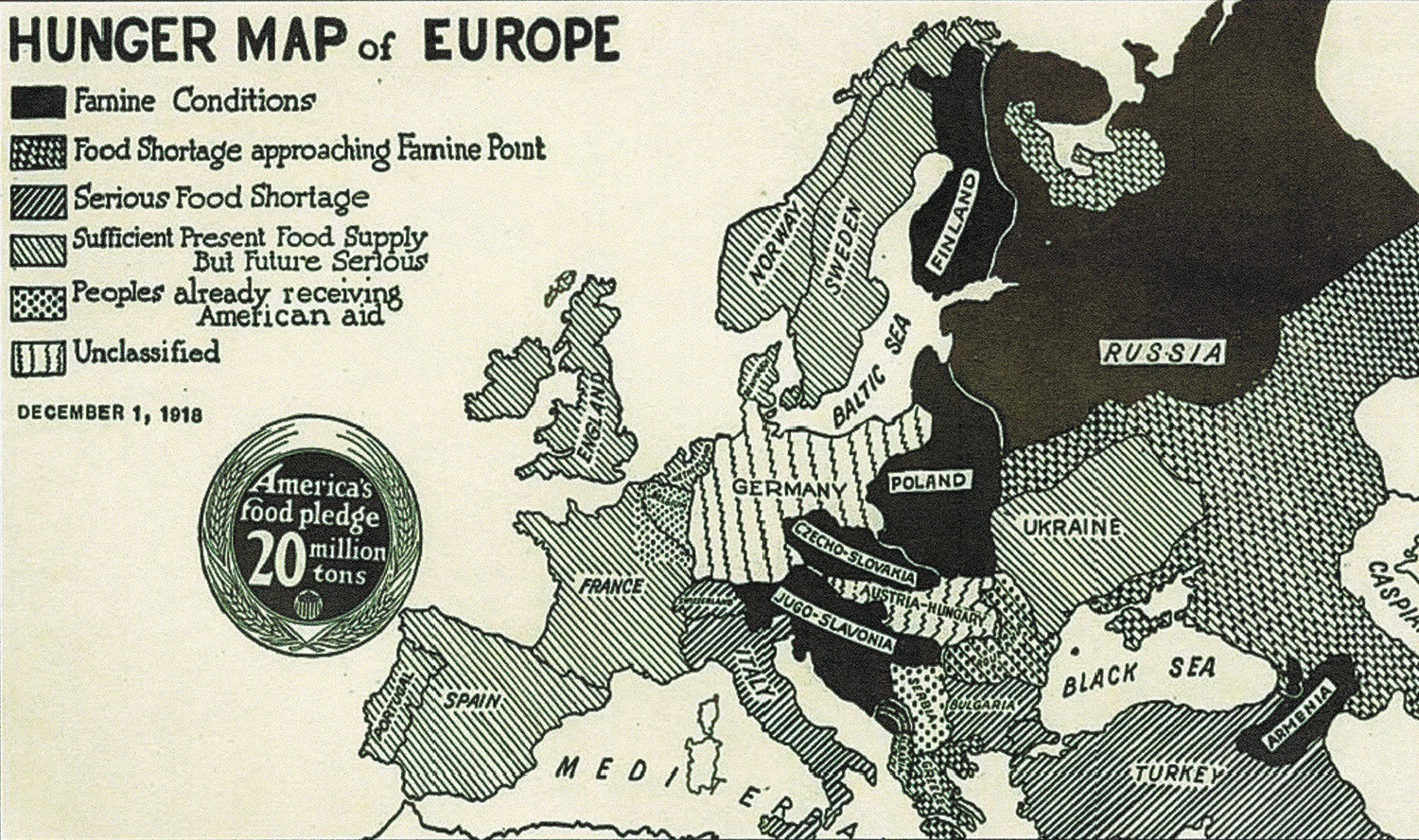 A map of Europe in 1918, which shows areas with famine conditions; areas with food shortages approaching famine conditions; areas with serious food shortages; areas that have a sufficient present food supply but future conditions are serious; areas where people are receiving American aid; and areas that are unclassified.