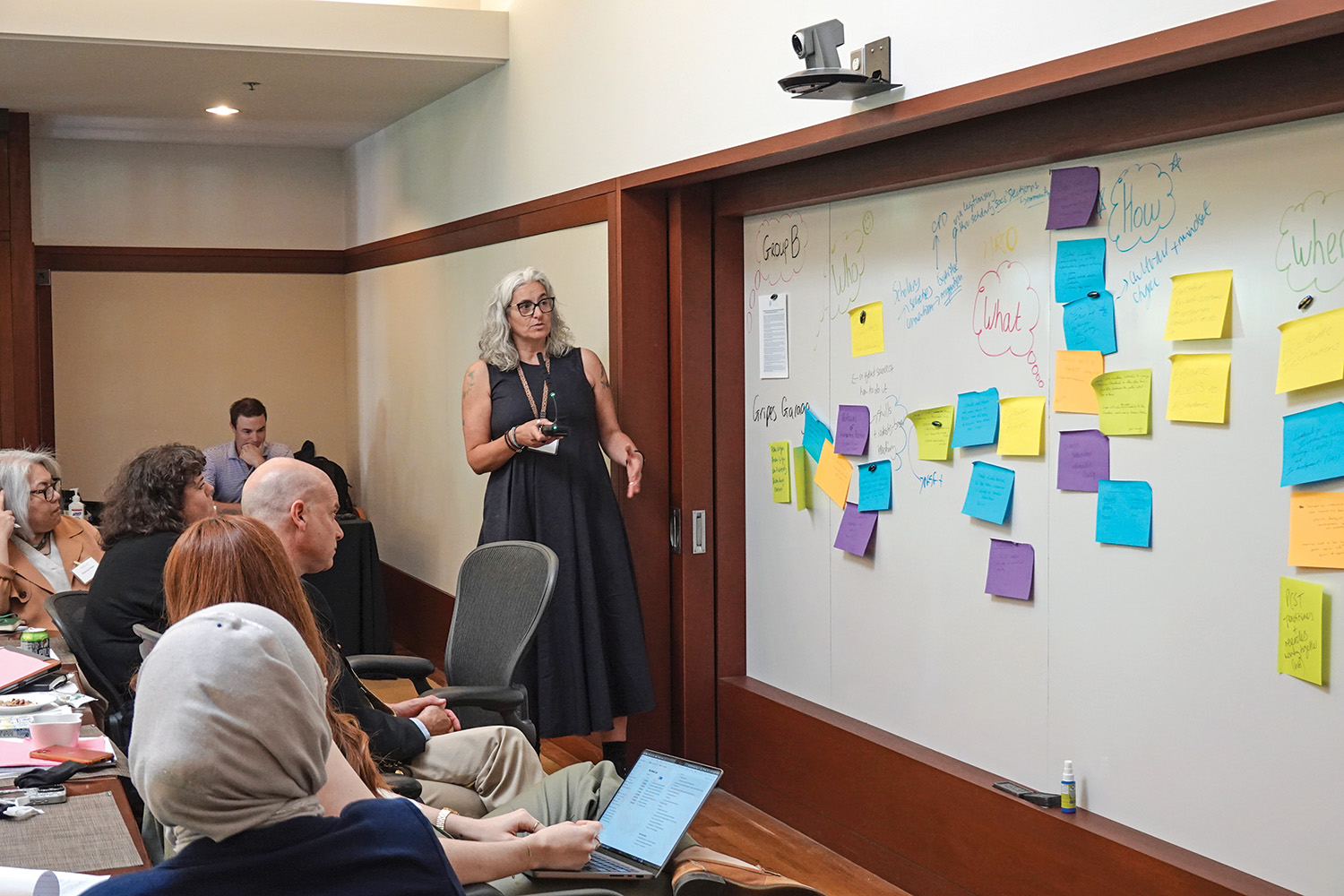 A person standing to the side of a white board that has writing on it as well as notes affixed to it addresses a group of people seated in front of the board.