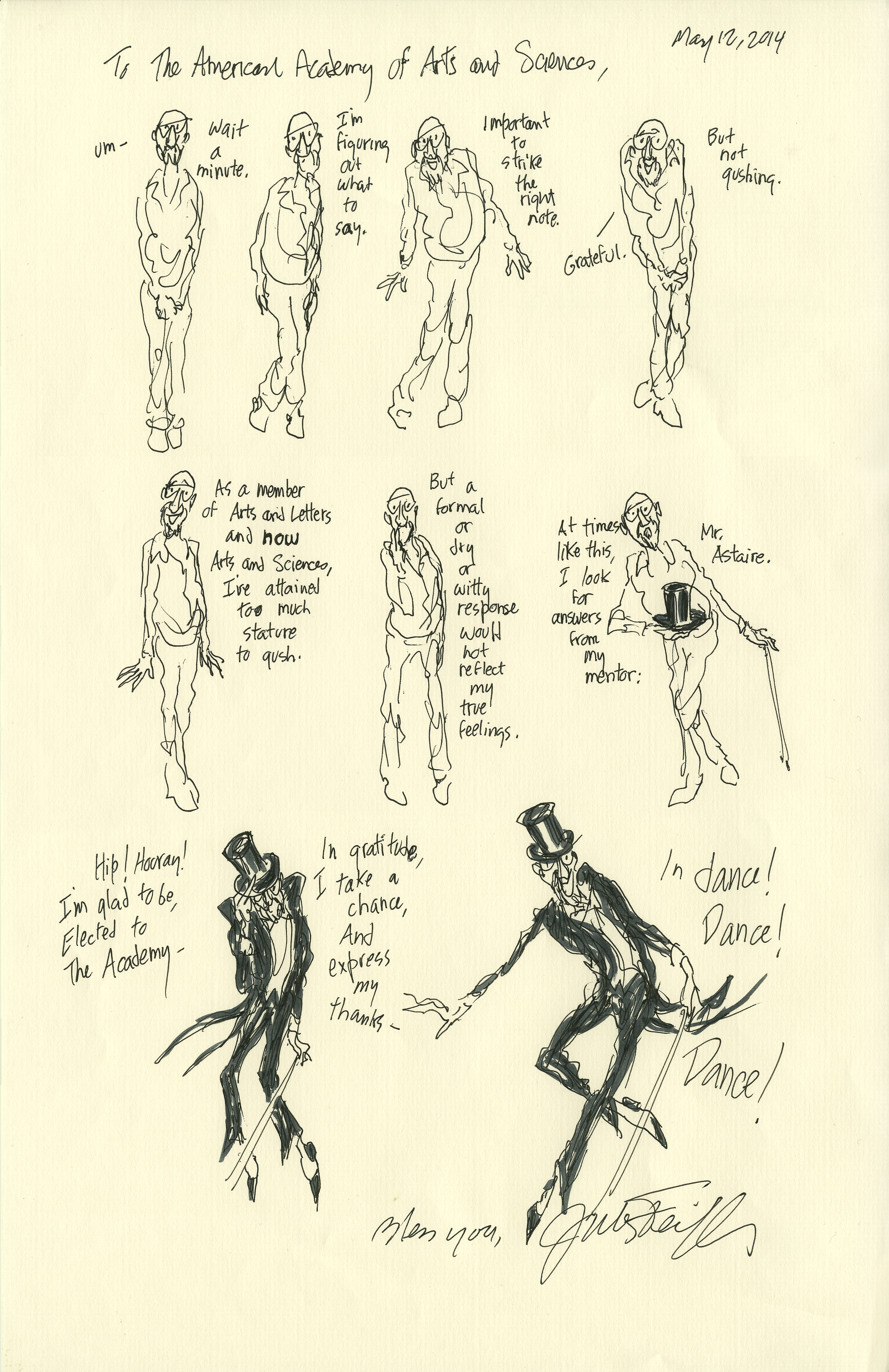 Letter showing sketches of the author slowly transforming into a Fred Astaire-style dancer