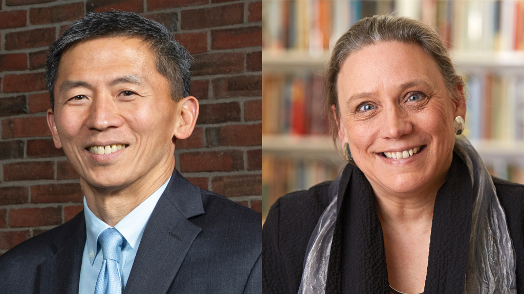 On the left is a headshot of Goodwin Liu, who has tan skin and short black hair. He wears a gray suit, blue tie, and faces the viewer smiling. On the right is a headshot of Laurie L. Patton. Patton has pale skin, blue eyes, and graying hair, and wears a dark coat.