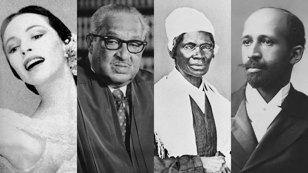 Four photos of Maria Tallchief (a light skinned individual with dark hair that is tied back with flowers), Thurgood Marshall (a dark-skinned individual who is wearing judicial robes), Sojourner Truth (a dark-skinned woman, wearing a dark dress and a white shawl and cap), and W. E. B. Du Bois (a dark-skinned individual with a black mustache and beard). 