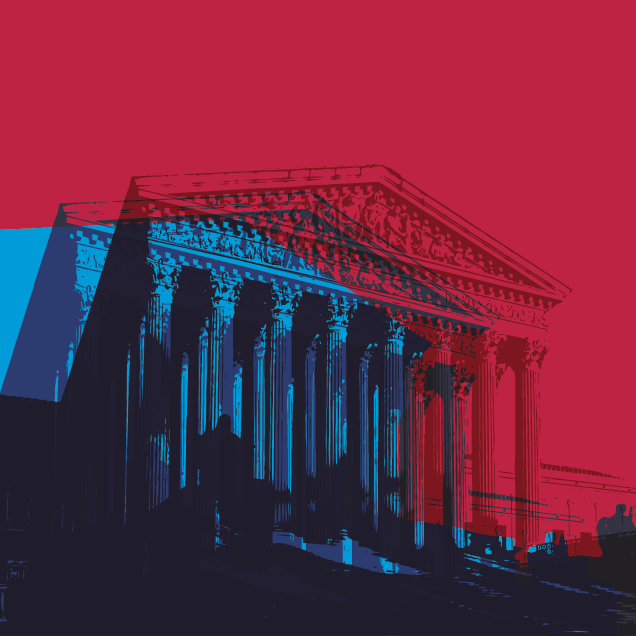 Stylized illustration of the Supreme Court building. There are three transparent images of the building on top of one another in light blue, dark blue, and dark red. The background of the illustration is a bright red.