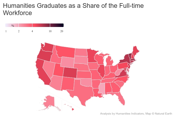Humanities graduates as a share of the full-time workforce in each state.