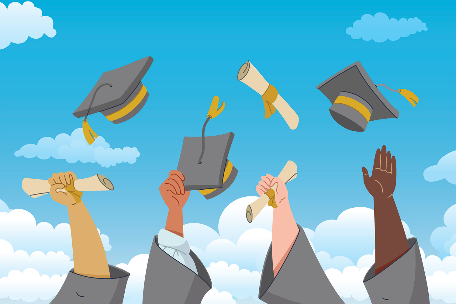 Against a background of blue sky with scattered clouds, four graduates raise their hands into the air. Two hold diplomas, and one holds a graduation cap. The hands represent a mix of skin tones.