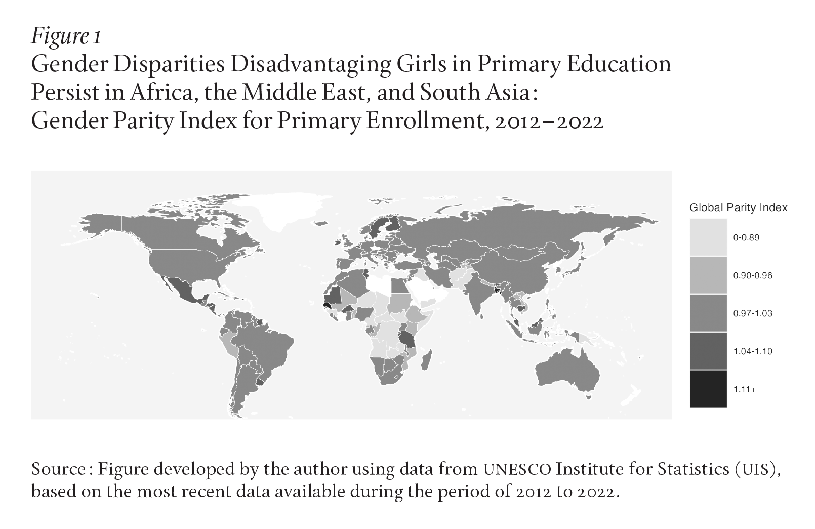 A map of the world depicts the ratio of students enrolled in school according to binary gender. African countries have the lowest rates according to the global parity index.