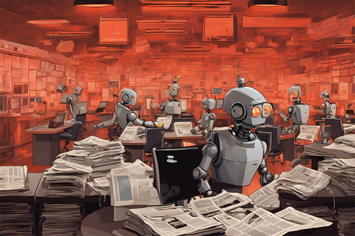 In an AI-generated full-color illustration, a robot sits at a desk surrounded by newspapers. Several other robots work at desks in the background where newsprint papers the walls.