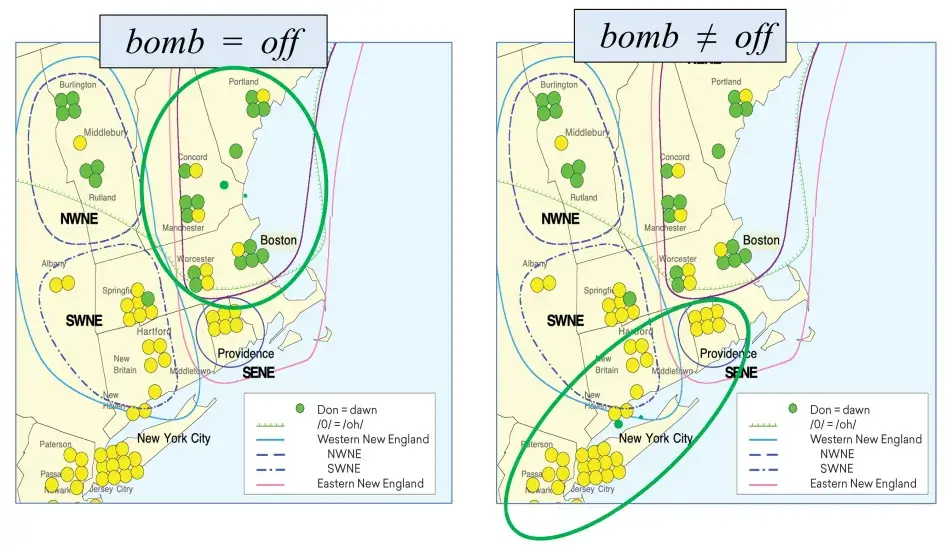 Figure 5. Pronunciations of bomb and off in New York and Eastern New England