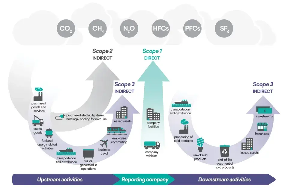 An infographic depicts a flow chart that compares different types of emissions, assigning different values to various direct and indirect producers of carbon (such as purchased goods and services, fuel and energy related activities, transportation and distribution). The values are assigned according to the Greenhouse Gas Protocol.