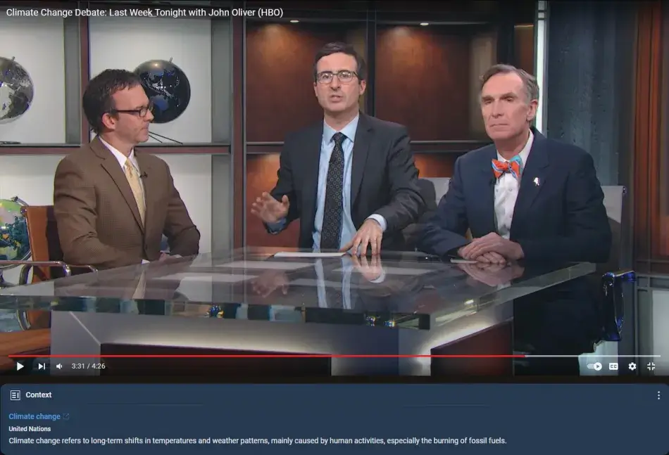 Principle-2_Example-3.jpg A screenshot from the show Last Week Tonight with John Oliver. John Oliver, a man with pale skin and short dark hair, wears a gray suit, blue collared shirt, and gray tie. He faces the audience and sits between Bill Nye and a person described as “a climate denier.” Bill Nye, a man with pale skin and short gray hair, wears a blue suit, a white collared shirt, and an orange and blue tie. He calmly faces the audience with his hands folded on the table. The climate denier, a man with pale skin and short dark ha