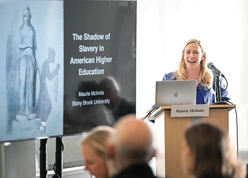 Maurie McInnis (Stony Brook University) leads a dinner conversation on “The Shadow of Slavery in American Higher Education.”