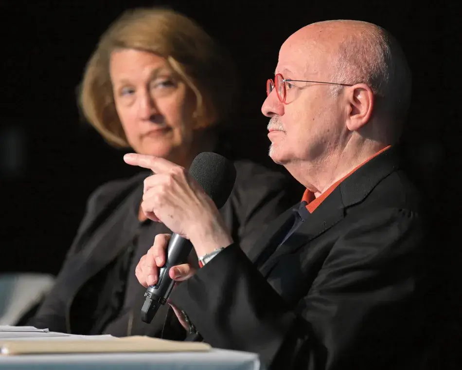 Ruth Watkins (Strada Education Network) and Eduardo Padrón (Miami Dade College) in a panel discussion on Higher Education: Marrying the Needs of Students and the Workforce. Daniel Bayer Photography