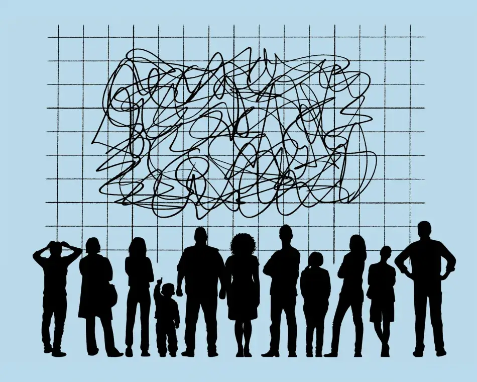 Illustration of people standing in front of a graph with squiggly lines. iStock.com/DNY59