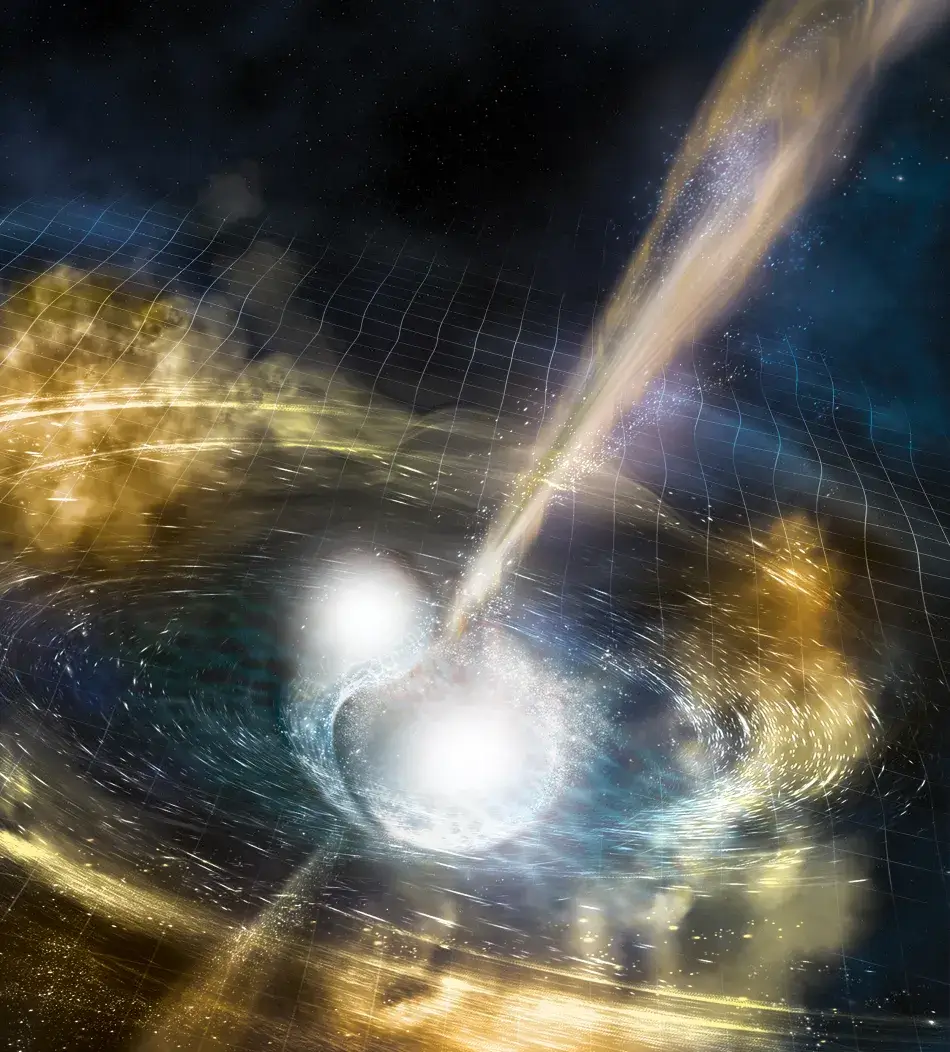 Artist’s illustration of two merging neutron stars.