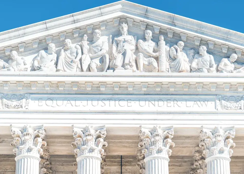 Washington DC, USA exterior of Supreme Court building marble architecture and closeup on Capital capitol hill columns pillars by entrance and sign.