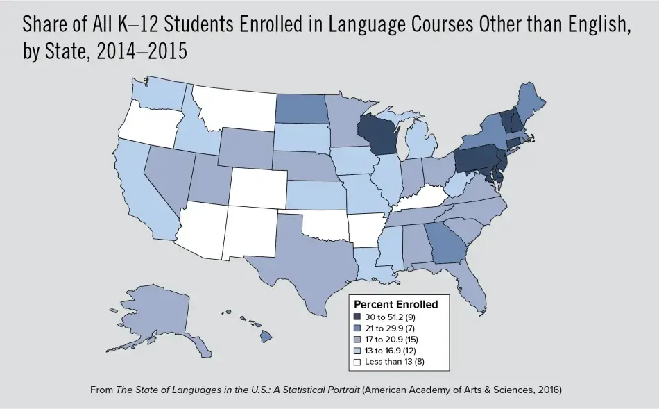 Share of All K–12 Students Enrolled in Language Courses Other than English, by State, 2014–2015