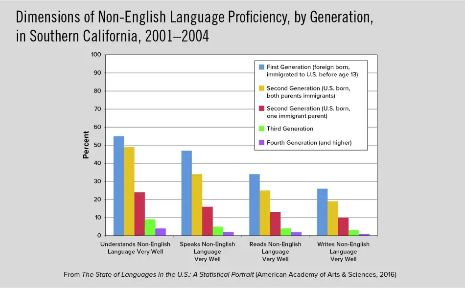 Dimensions of Non-English Language Proficiency, by Generation, in Southern California, 2001–2004