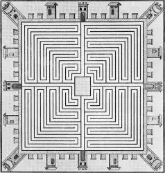 Nineteenth-century depiction of a Roman mosaic labyrinth, now lost, found in Villa di Diomede, Pompeii