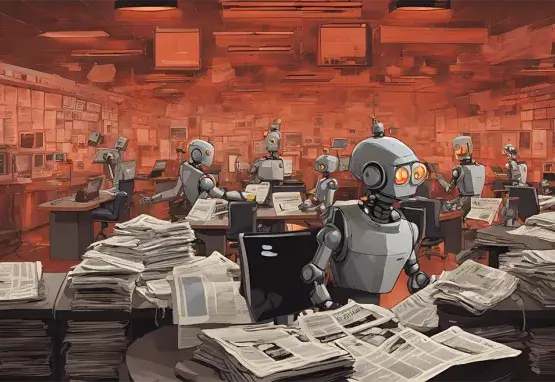 In a full-color illustration, a robot sits at a desk surrounded by newspapers. Several other robots work at desks in the background where newsprint papers the walls.