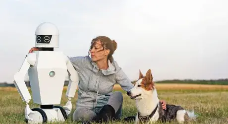 A person sitting in a field with their arms around a dog on their right and a robot on their left.